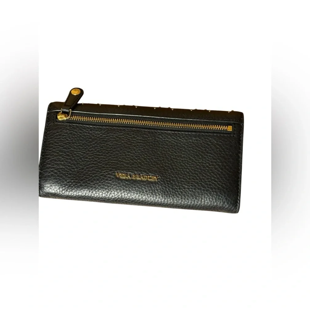 Vera Bradley Black Pebbled Leather Studded Wallet Leopard Print Interior 4”x7” - Picture 2 of 10